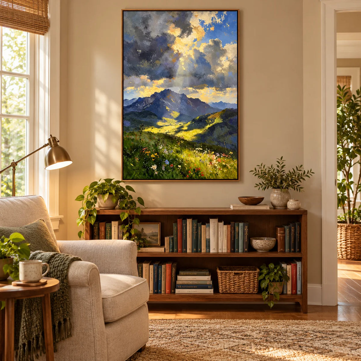 Ownanart Hand-Painted Mountain Valley Oil Painting – Sunlight Through Storm Clouds, Wildflower Meadow Landscape Wall Art