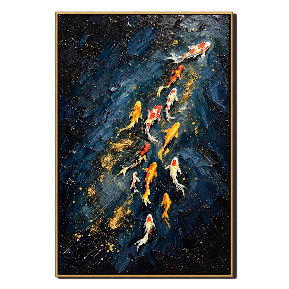 Ownanart Hand-Painted Navy Blue and Gold Koi Fish Oil Painting – 3D Textured Vertical Impasto Canvas Wall Art for Living Room Bedroom Entryway and Office #OA 1591