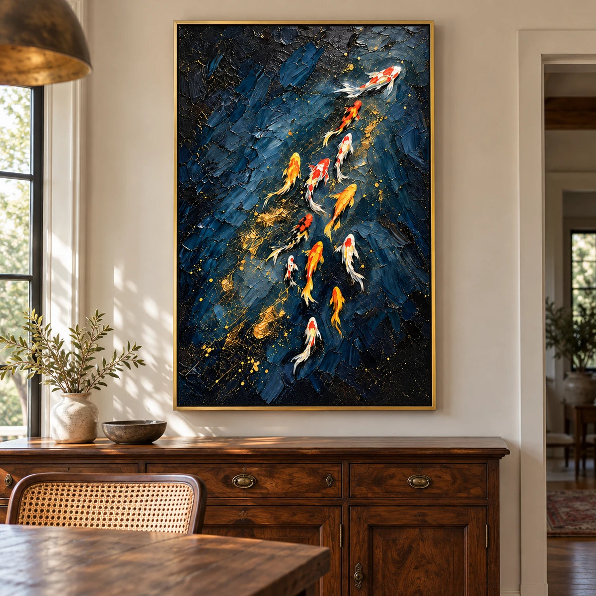 Ownanart Hand-Painted Navy Blue and Gold Koi Fish Oil Painting – 3D Textured Vertical Impasto Canvas Wall Art for Living Room Bedroom Entryway and Office #OA 1591