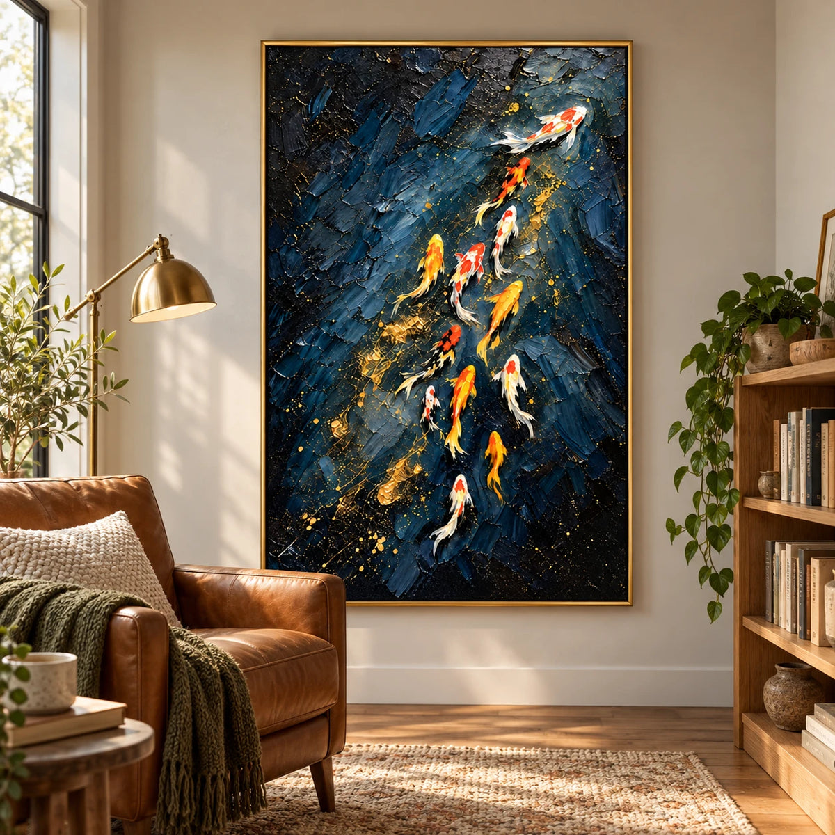 Ownanart Hand-Painted Navy Blue and Gold Koi Fish Oil Painting – 3D Textured Vertical Impasto Canvas Wall Art for Living Room Bedroom Entryway and Office #OA 1591