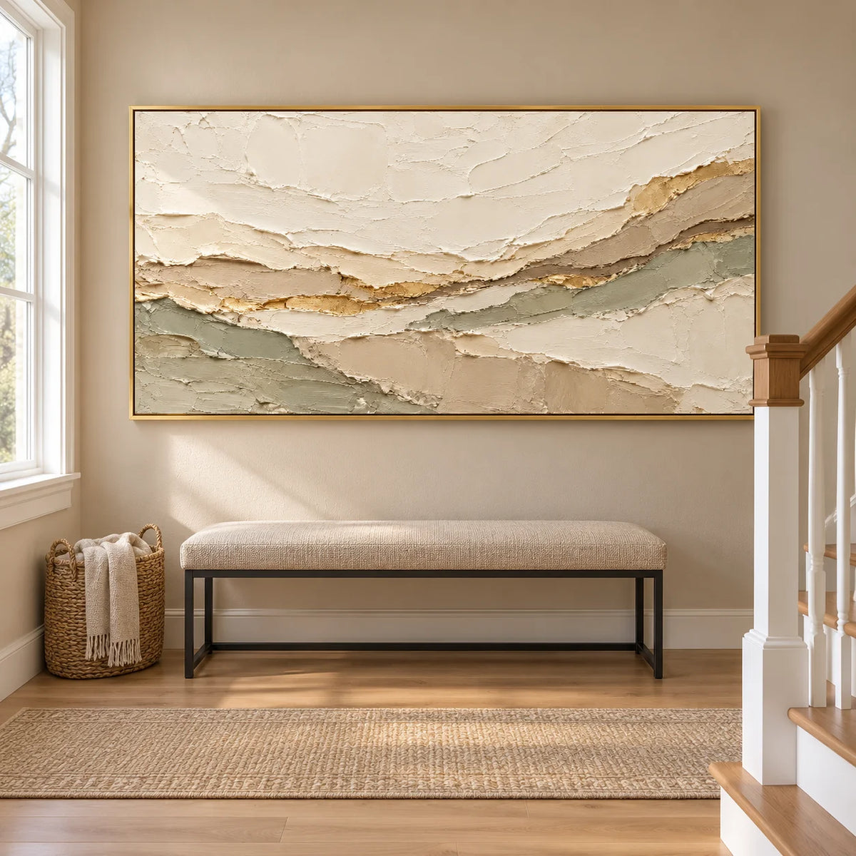 Ownanart Hand-Painted Neutral Abstract Landscape Oil Painting – Cream, Beige & Sage Green Layers, Panoramic Textured Wall Art