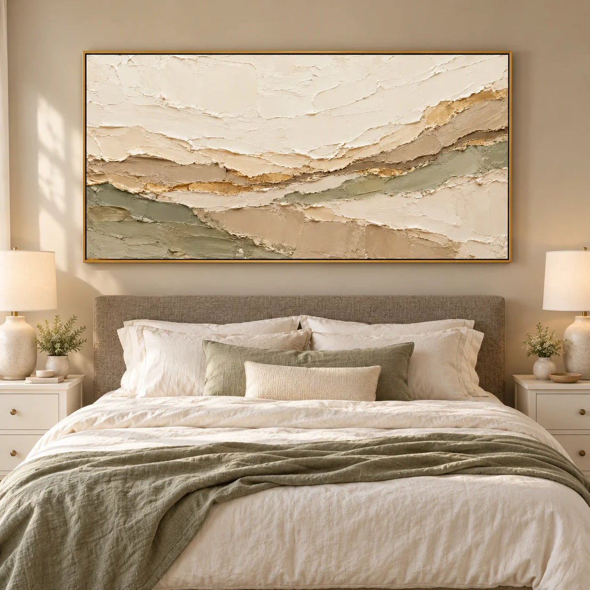 Ownanart Hand-Painted Neutral Abstract Landscape Oil Painting – Cream, Beige & Sage Green Layers, Panoramic Textured Wall Art