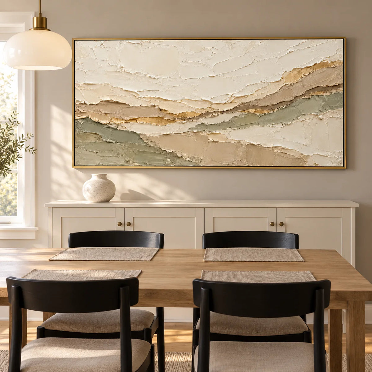 Ownanart Hand-Painted Neutral Abstract Landscape Oil Painting – Cream, Beige & Sage Green Layers, Panoramic Textured Wall Art
