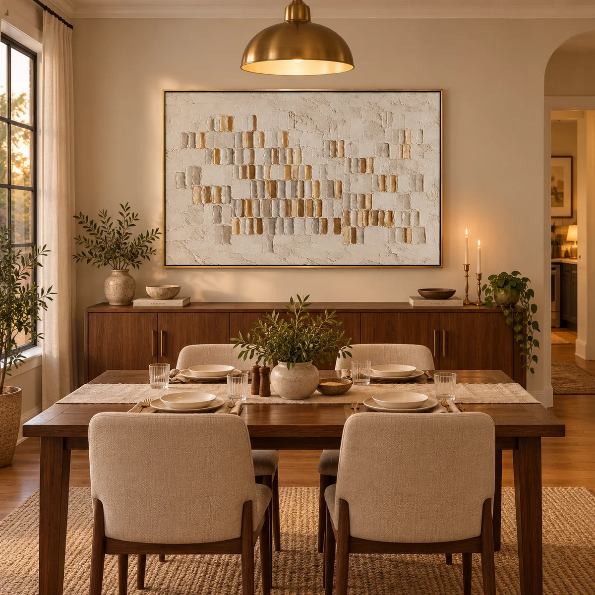 Ownanart Hand-Painted Neutral Abstract Textured Oil Painting – Beige Cream and Gold 3D Geometric Impasto Wall Art for Modern Living Room