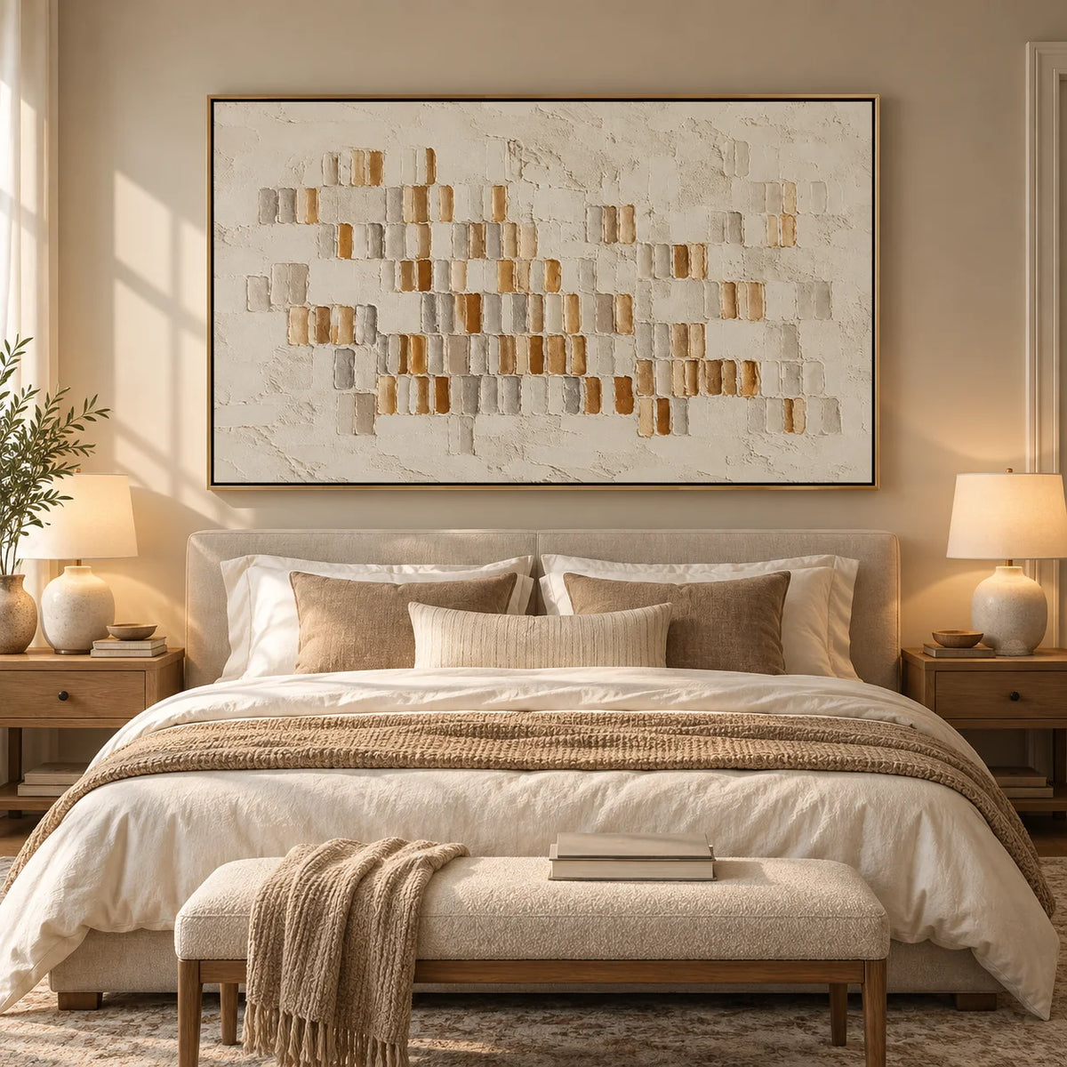 Ownanart Hand-Painted Neutral Abstract Textured Oil Painting – Beige Cream and Gold 3D Geometric Impasto Wall Art for Modern Living Room
