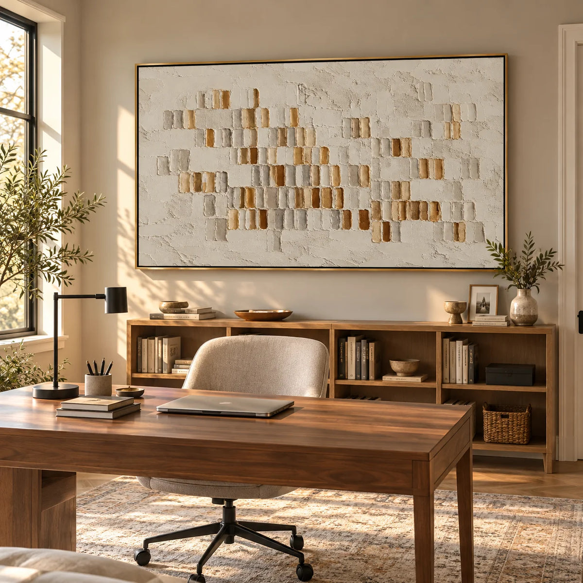Ownanart Hand-Painted Neutral Abstract Textured Oil Painting – Beige Cream and Gold 3D Geometric Impasto Wall Art for Modern Living Room