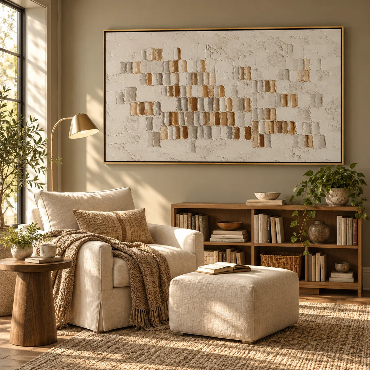 Ownanart Hand-Painted Neutral Abstract Textured Oil Painting – Beige Cream and Gold 3D Geometric Impasto Wall Art for Modern Living Room