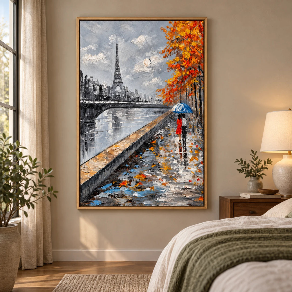 Ownanart Hand-Painted Paris Eiffel Tower and Couple under a Blue Umbrella Oil Painting – 3D Textured Vertical Impasto Canvas Wall Art for Living Room Bedroom Entryway and Office #OA 1592