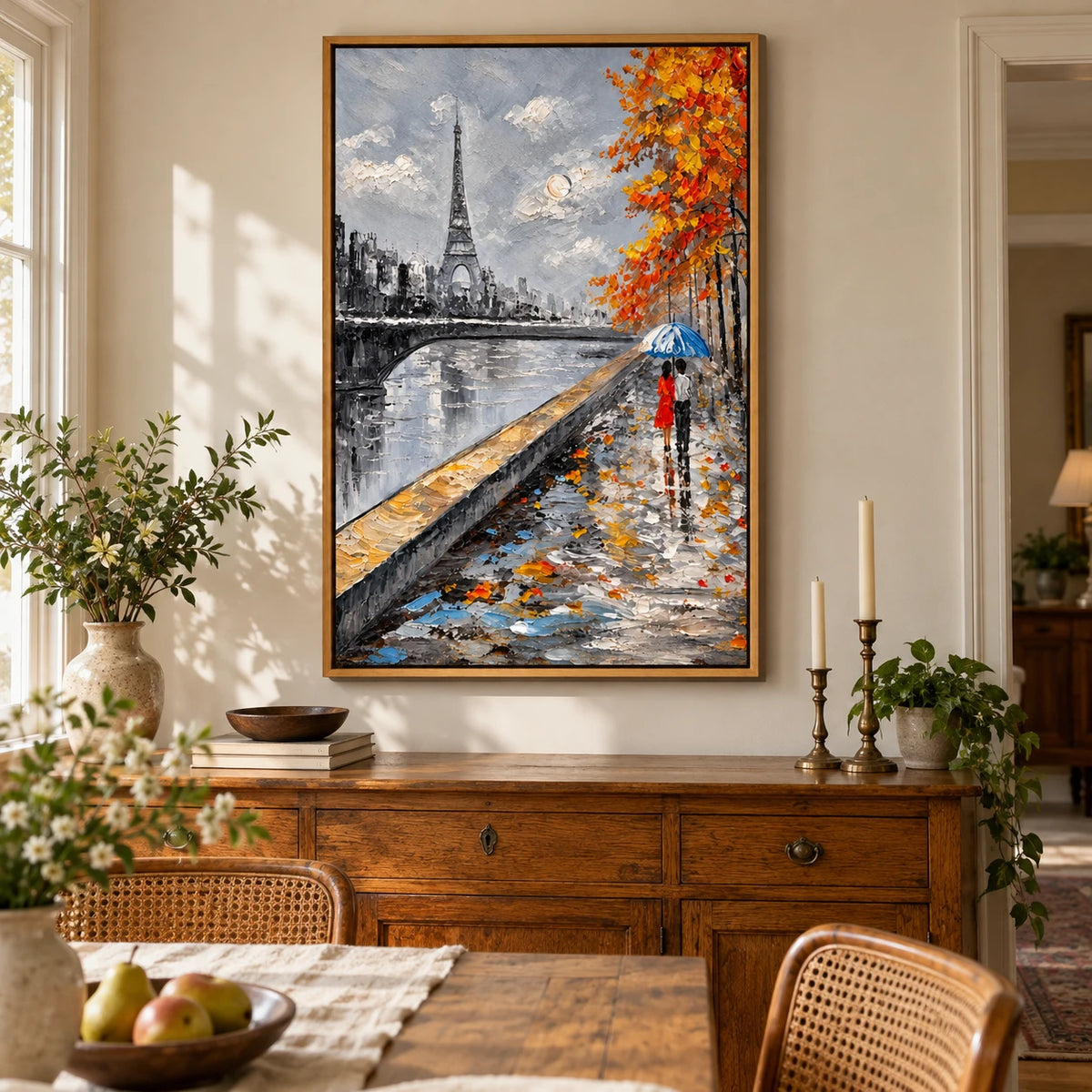 Ownanart Hand-Painted Paris Eiffel Tower and Couple under a Blue Umbrella Oil Painting – 3D Textured Vertical Impasto Canvas Wall Art for Living Room Bedroom Entryway and Office #OA 1592