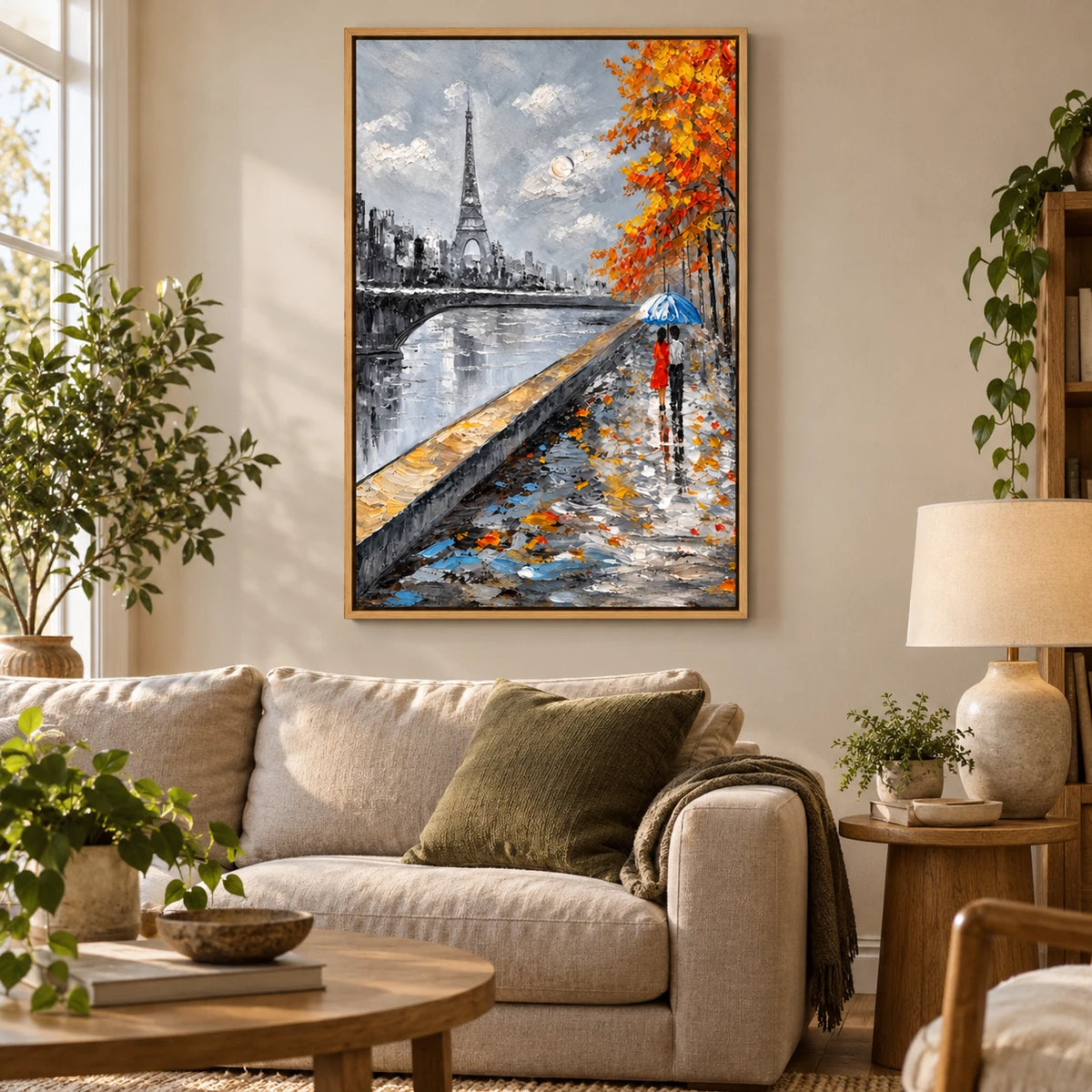 Ownanart Hand-Painted Paris Eiffel Tower and Couple under a Blue Umbrella Oil Painting – 3D Textured Vertical Impasto Canvas Wall Art for Living Room Bedroom Entryway and Office #OA 1592