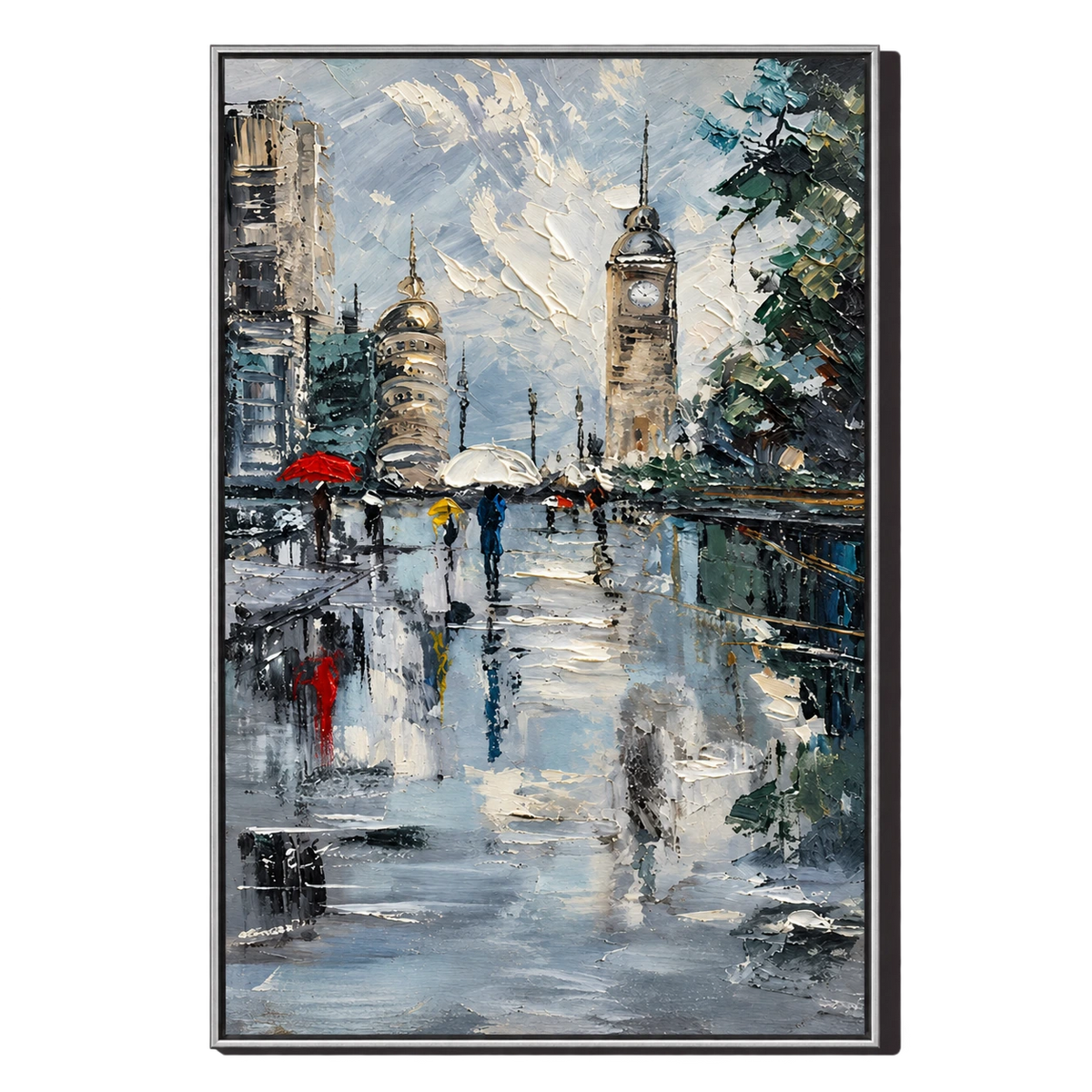 Ownanart Hand-Painted Rainy City Square with Clock Tower and Colorful Umbrellas Oil Painting – 3D Textured Vertical Impasto Canvas Wall Art for Living Room Bedroom Entryway and Office #OA 1593