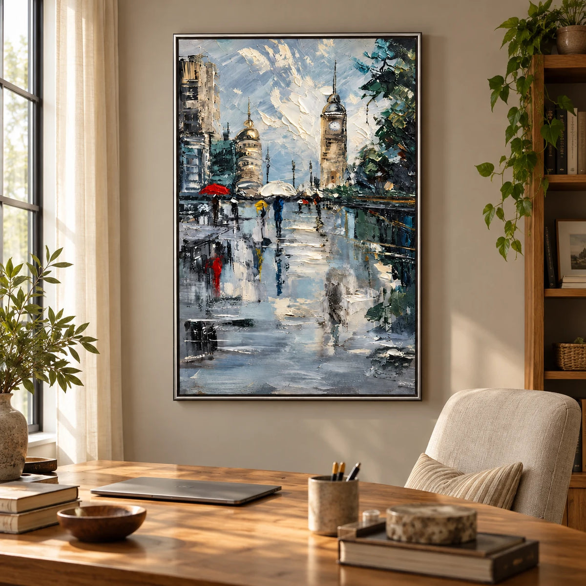 Ownanart Hand-Painted Rainy City Square with Clock Tower and Colorful Umbrellas Oil Painting – 3D Textured Vertical Impasto Canvas Wall Art for Living Room Bedroom Entryway and Office #OA 1593