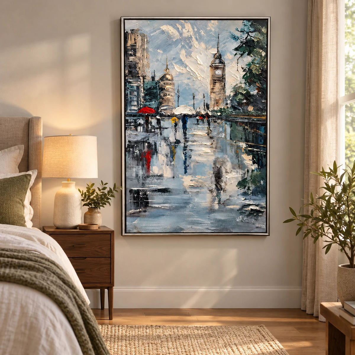 Ownanart Hand-Painted Rainy City Square with Clock Tower and Colorful Umbrellas Oil Painting – 3D Textured Vertical Impasto Canvas Wall Art for Living Room Bedroom Entryway and Office #OA 1593