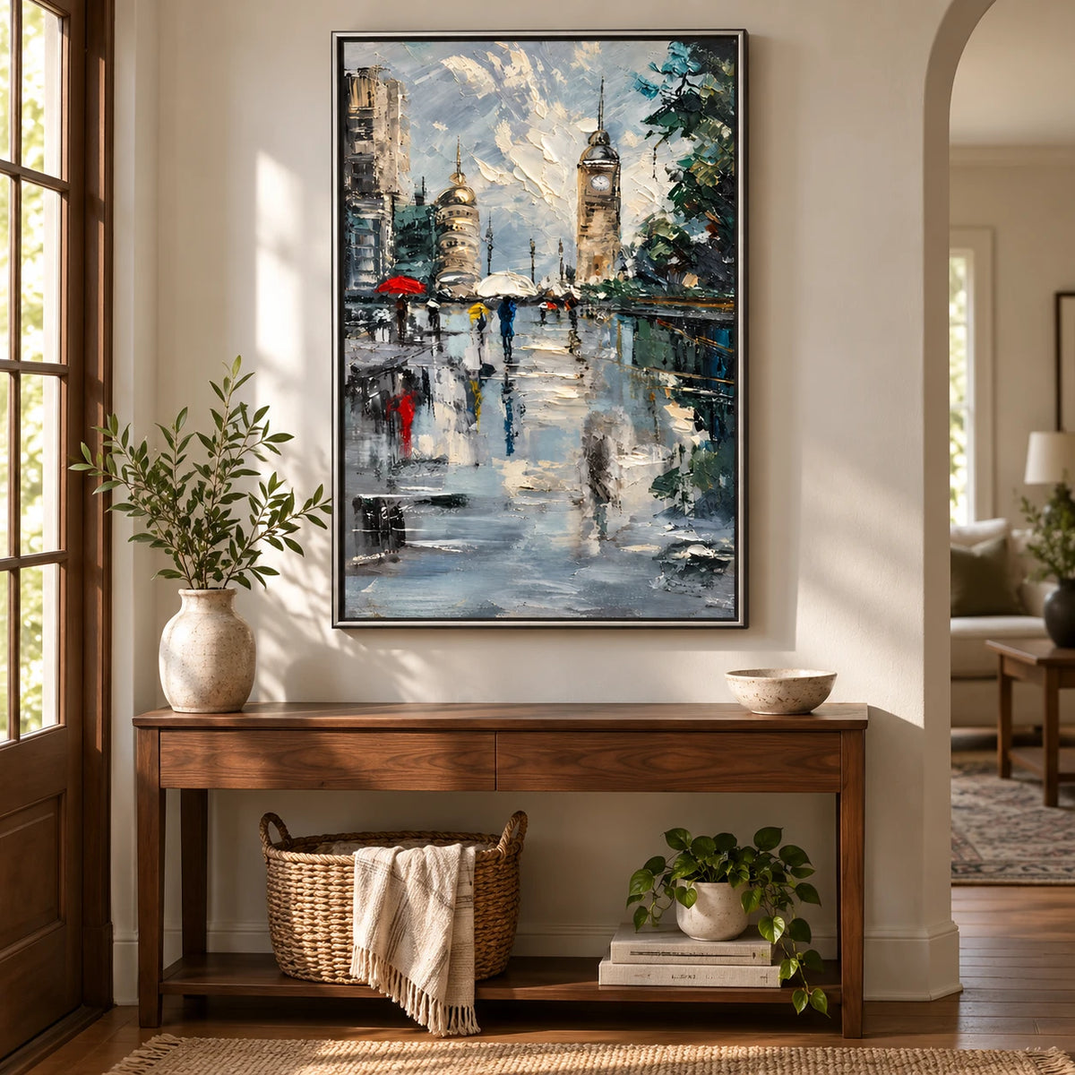 Ownanart Hand-Painted Rainy City Square with Clock Tower and Colorful Umbrellas Oil Painting – 3D Textured Vertical Impasto Canvas Wall Art for Living Room Bedroom Entryway and Office #OA 1593