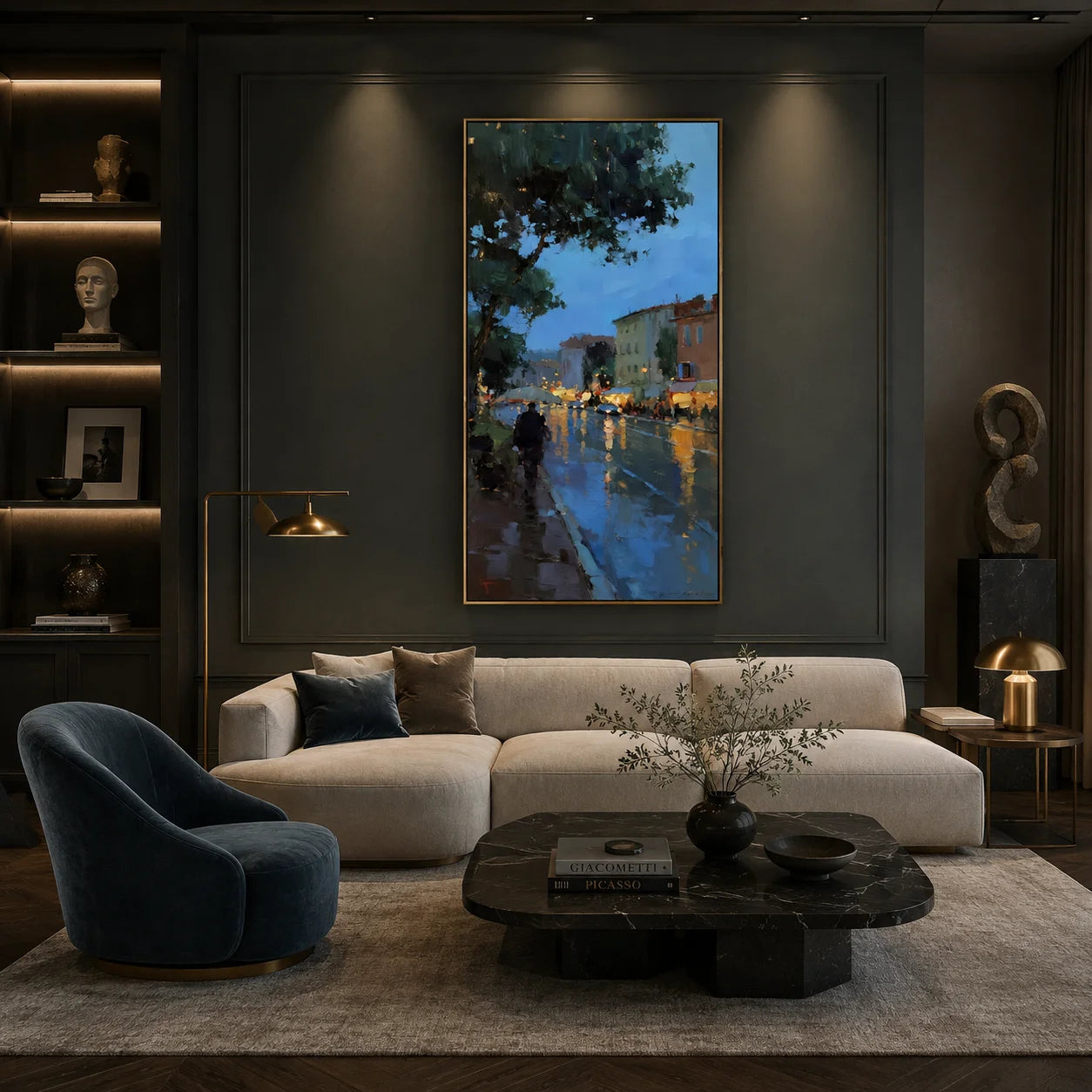 Ownanart Hand-Painted Rainy City Street Oil Painting | Modern Impressionist Blue Evening Rain Scene with Warm Lights & Reflections | European Urban Landscape Wall Art for Living Room and Bedroom # OA 1352