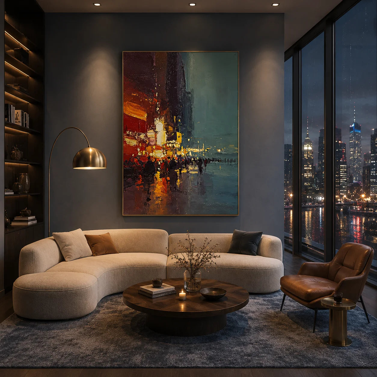 Ownanart Hand-Painted Rainy City Street Oil Painting | Modern Impressionist Urban Night Scene with Red & Golden Lights, Wet Street Reflections & Textured Wall Art for Living Room and Bedroom # OA 1357