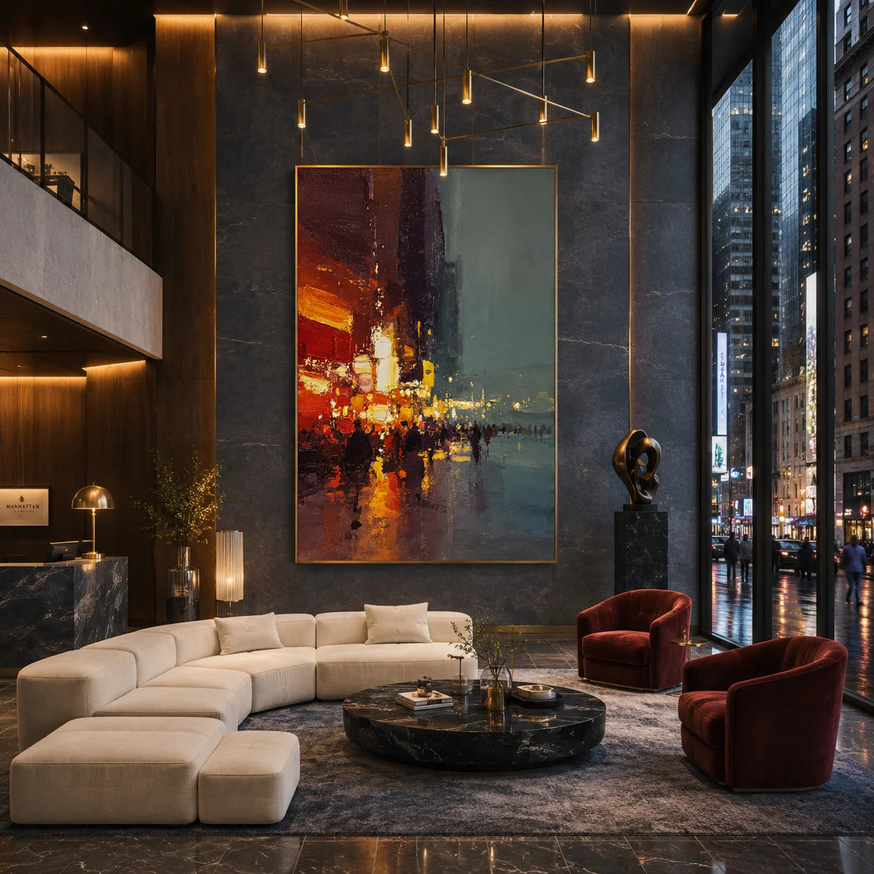 Ownanart Hand-Painted Rainy City Street Oil Painting | Modern Impressionist Urban Night Scene with Red & Golden Lights, Wet Street Reflections & Textured Wall Art for Living Room and Bedroom # OA 1357