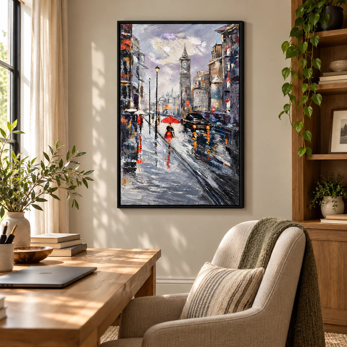 Ownanart Hand-Painted Rainy Clock Tower Street with Red Umbrella and Black Car Oil Painting – 3D Textured Vertical Impasto Canvas Wall Art for Living Room Bedroom Entryway and Office #OA 1594