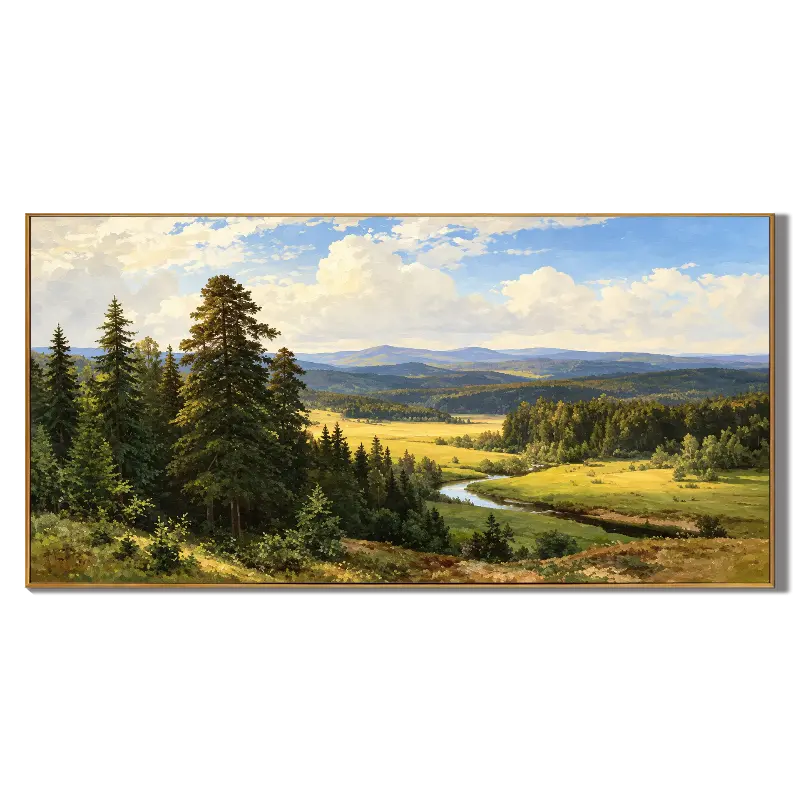 Ownanart Hand-Painted River Valley Landscape Oil Painting – Winding River, Pine Forest and Sunlit Meadow Wall Art for Living Room