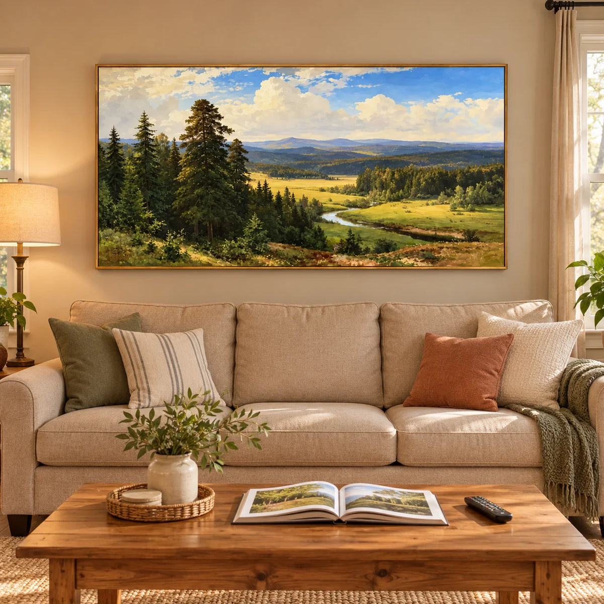 Ownanart Hand-Painted River Valley Landscape Oil Painting – Winding River, Pine Forest and Sunlit Meadow Wall Art for Living Room
