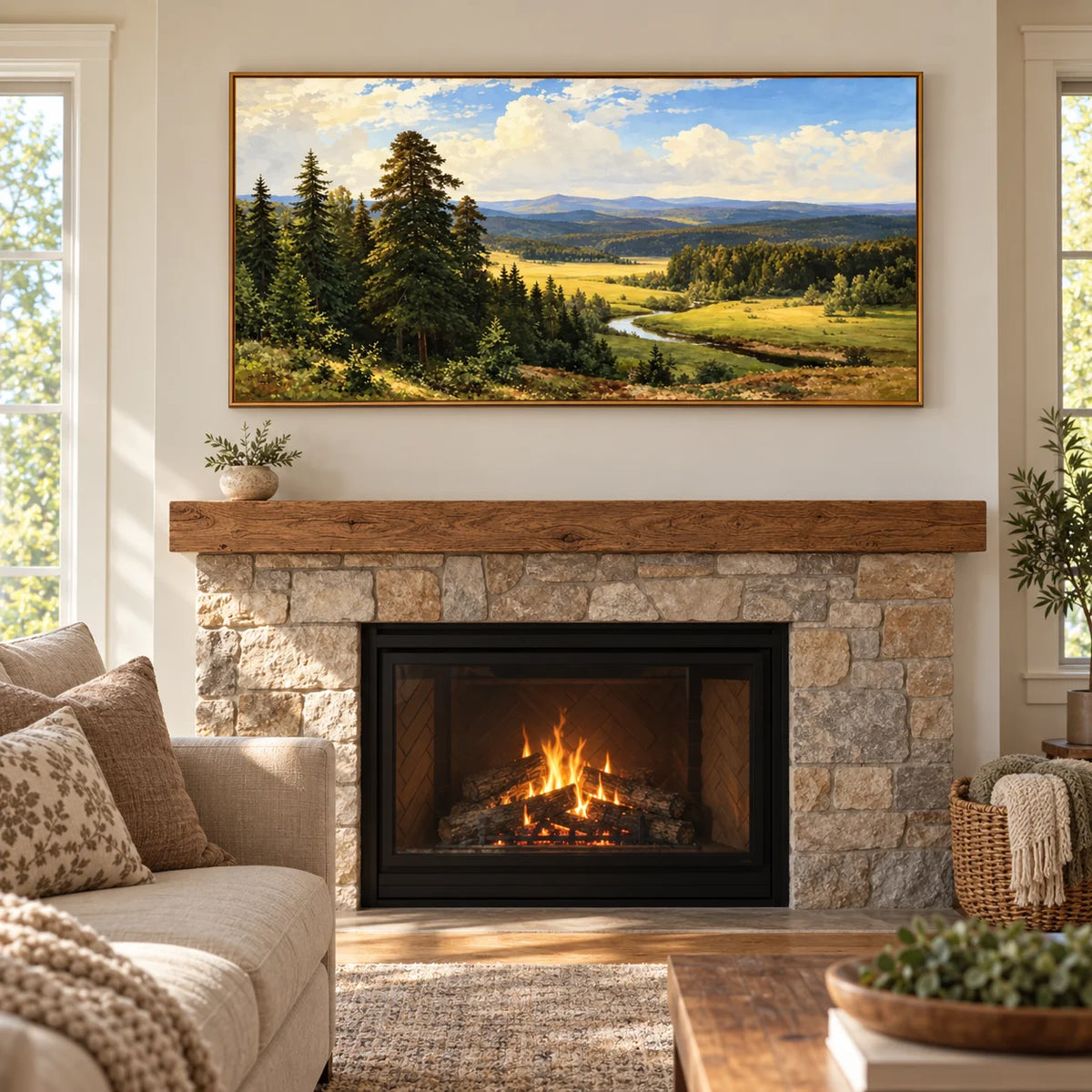 Ownanart Hand-Painted River Valley Landscape Oil Painting – Winding River, Pine Forest and Sunlit Meadow Wall Art for Living Room