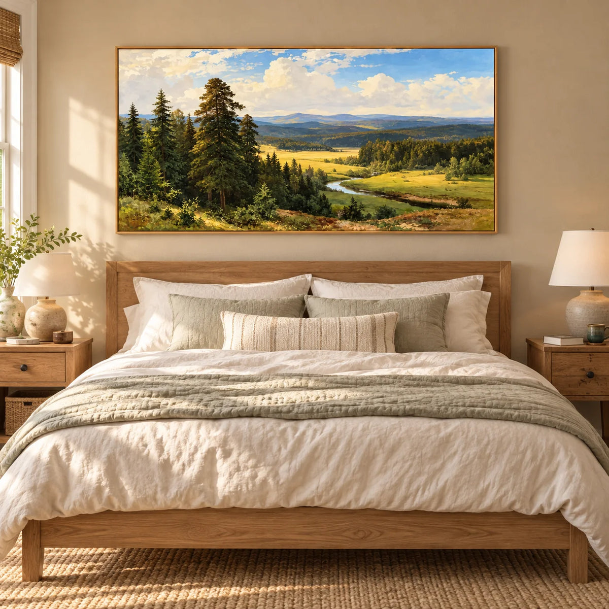 Ownanart Hand-Painted River Valley Landscape Oil Painting – Winding River, Pine Forest and Sunlit Meadow Wall Art for Living Room