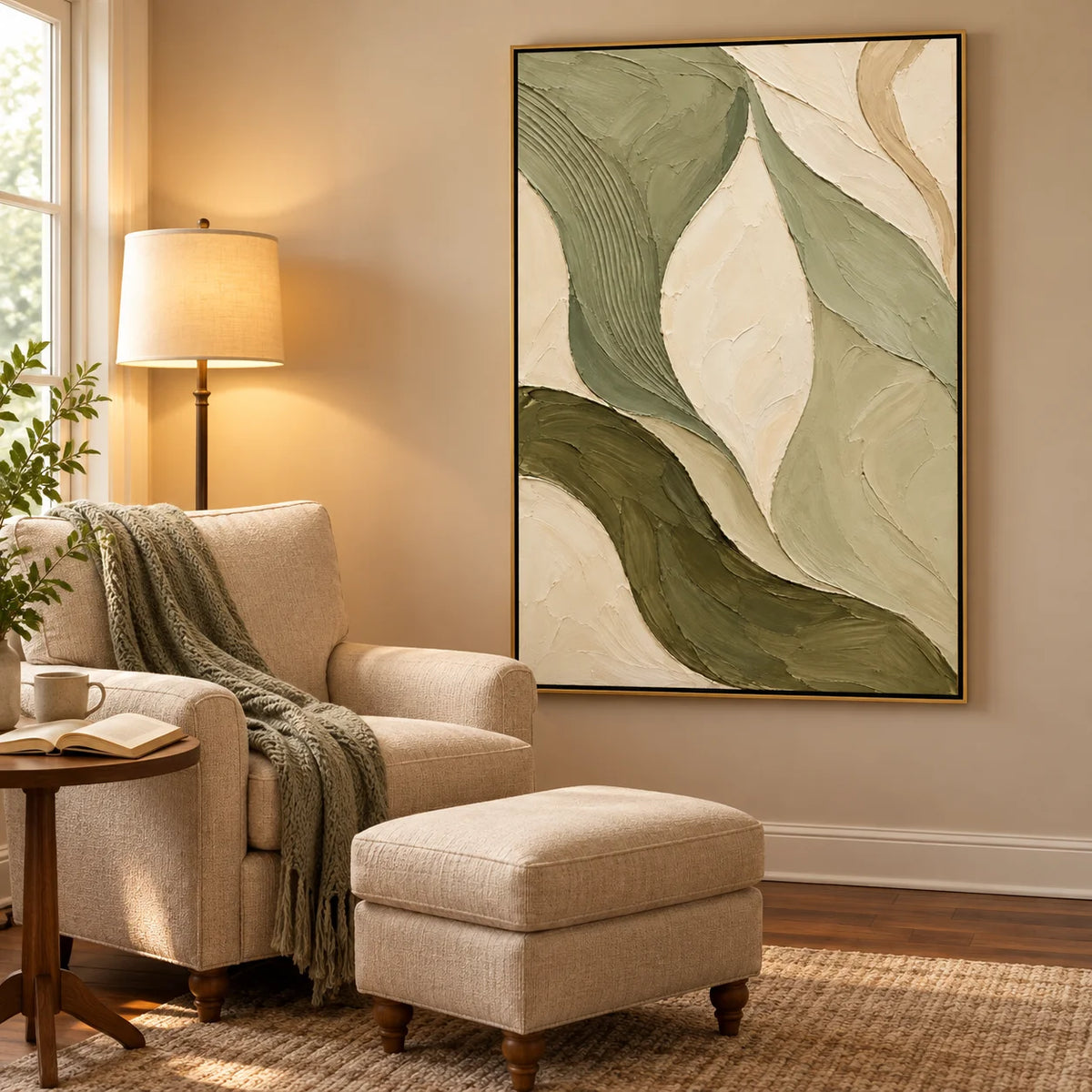 Ownanart Hand-Painted Sage Green & Cream Abstract Oil Painting – Textured Organic Curves, Vertical Wabi-Sabi Wall Art