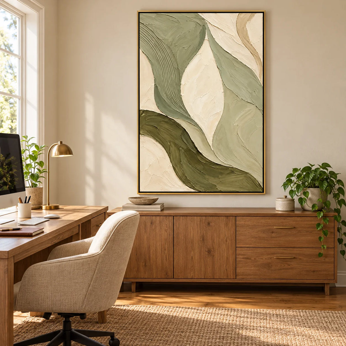 Ownanart Hand-Painted Sage Green & Cream Abstract Oil Painting – Textured Organic Curves, Vertical Wabi-Sabi Wall Art