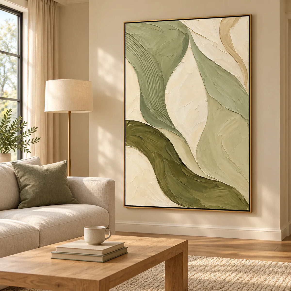 Ownanart Hand-Painted Sage Green & Cream Abstract Oil Painting – Textured Organic Curves, Vertical Wabi-Sabi Wall Art