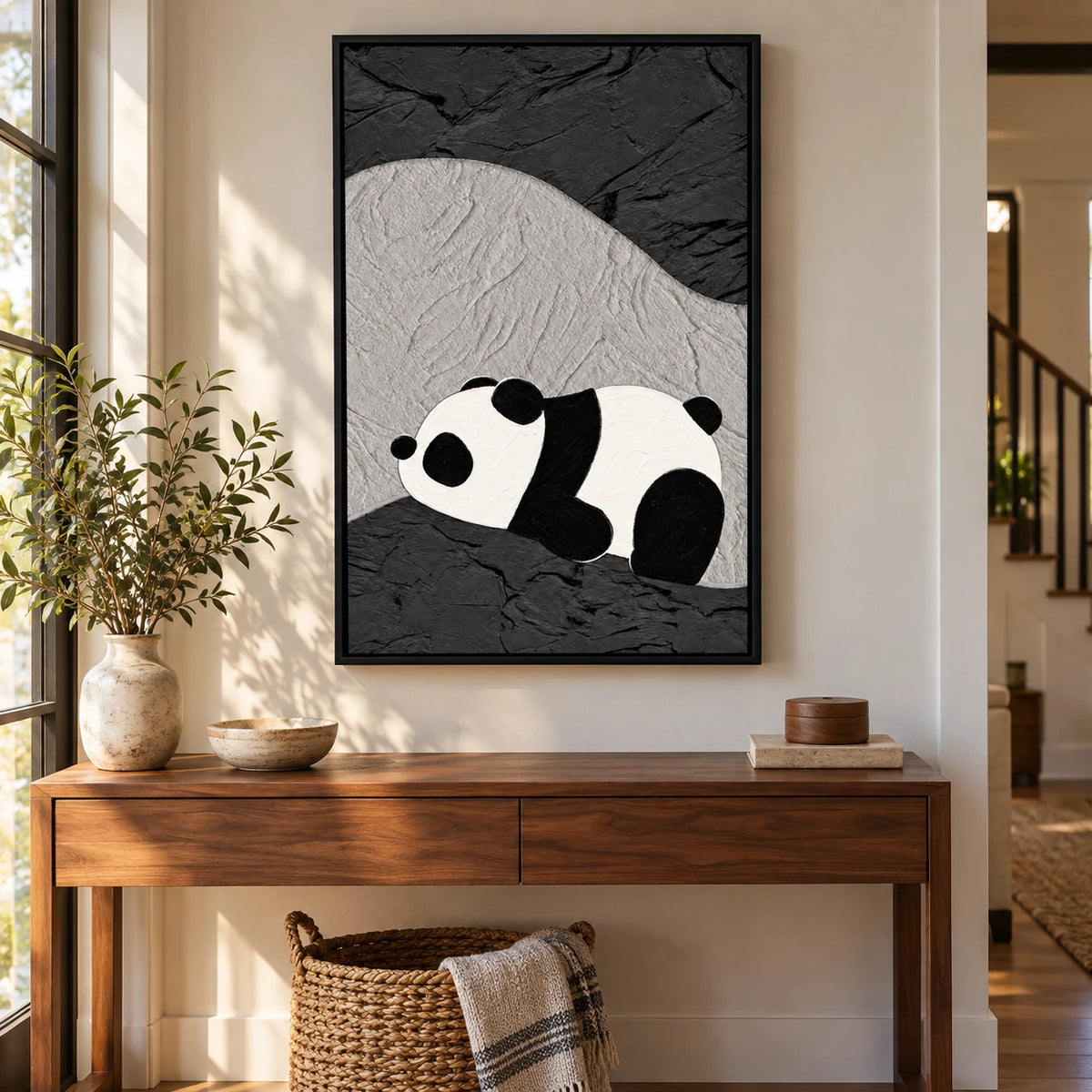 Ownanart Hand-Painted Sleeping Panda on Abstract Black and Gray Terrain Oil Painting – 3D Textured Vertical Impasto Canvas Wall Art for Living Room Bedroom Entryway and Office #OA 1596