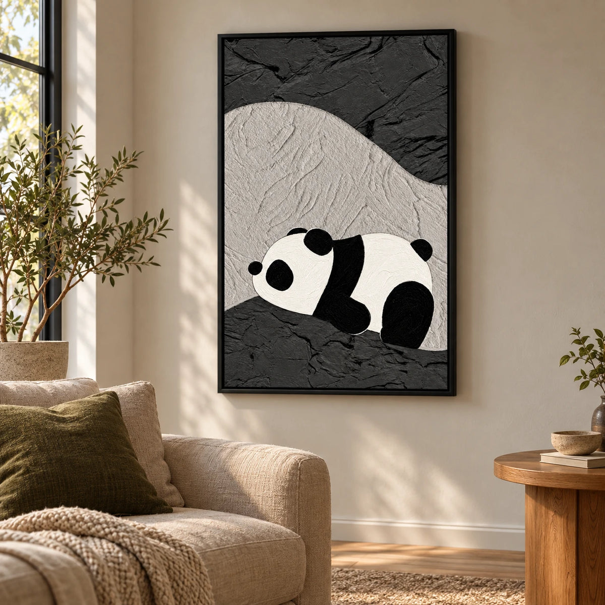 Ownanart Hand-Painted Sleeping Panda on Abstract Black and Gray Terrain Oil Painting – 3D Textured Vertical Impasto Canvas Wall Art for Living Room Bedroom Entryway and Office #OA 1596