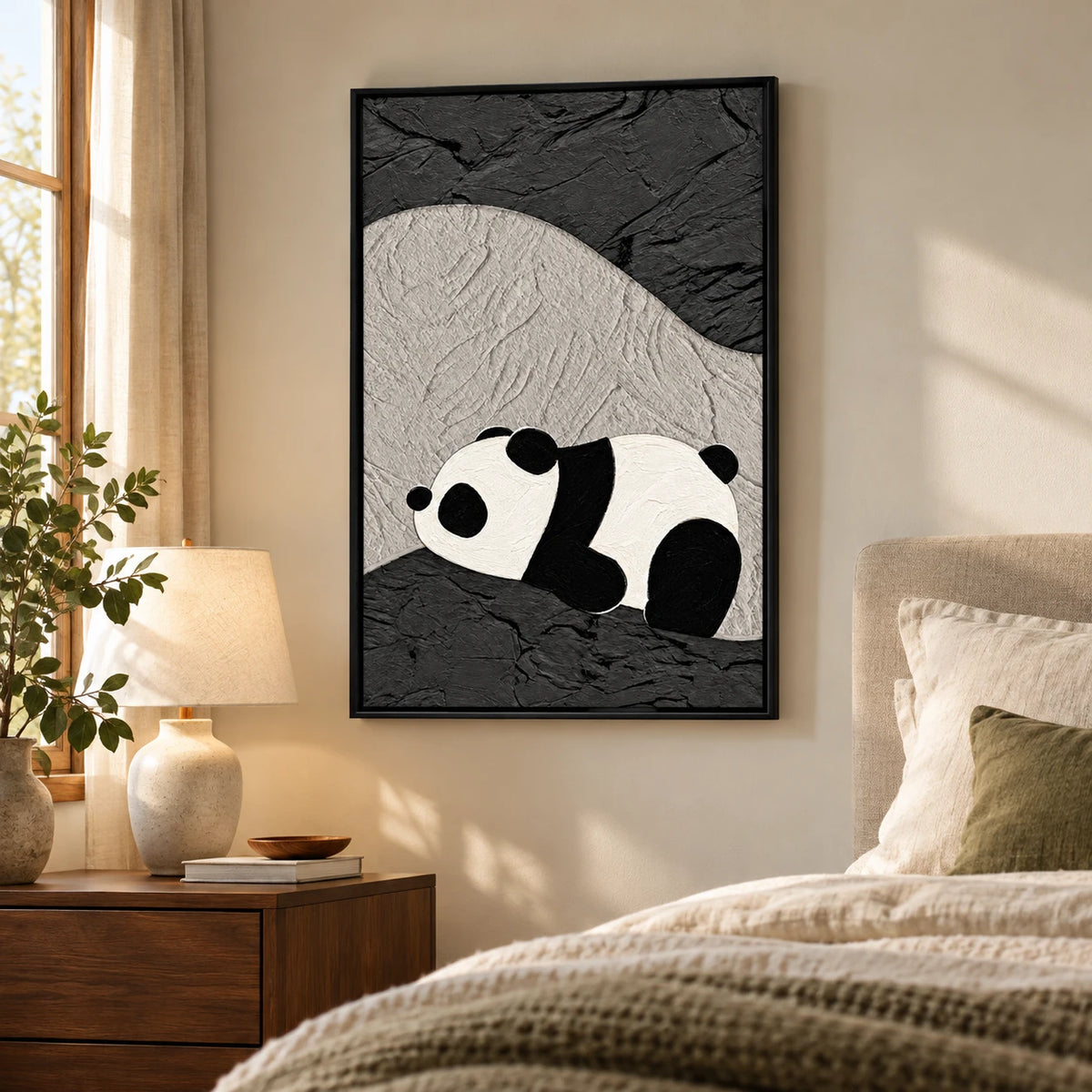 Ownanart Hand-Painted Sleeping Panda on Abstract Black and Gray Terrain Oil Painting – 3D Textured Vertical Impasto Canvas Wall Art for Living Room Bedroom Entryway and Office #OA 1596