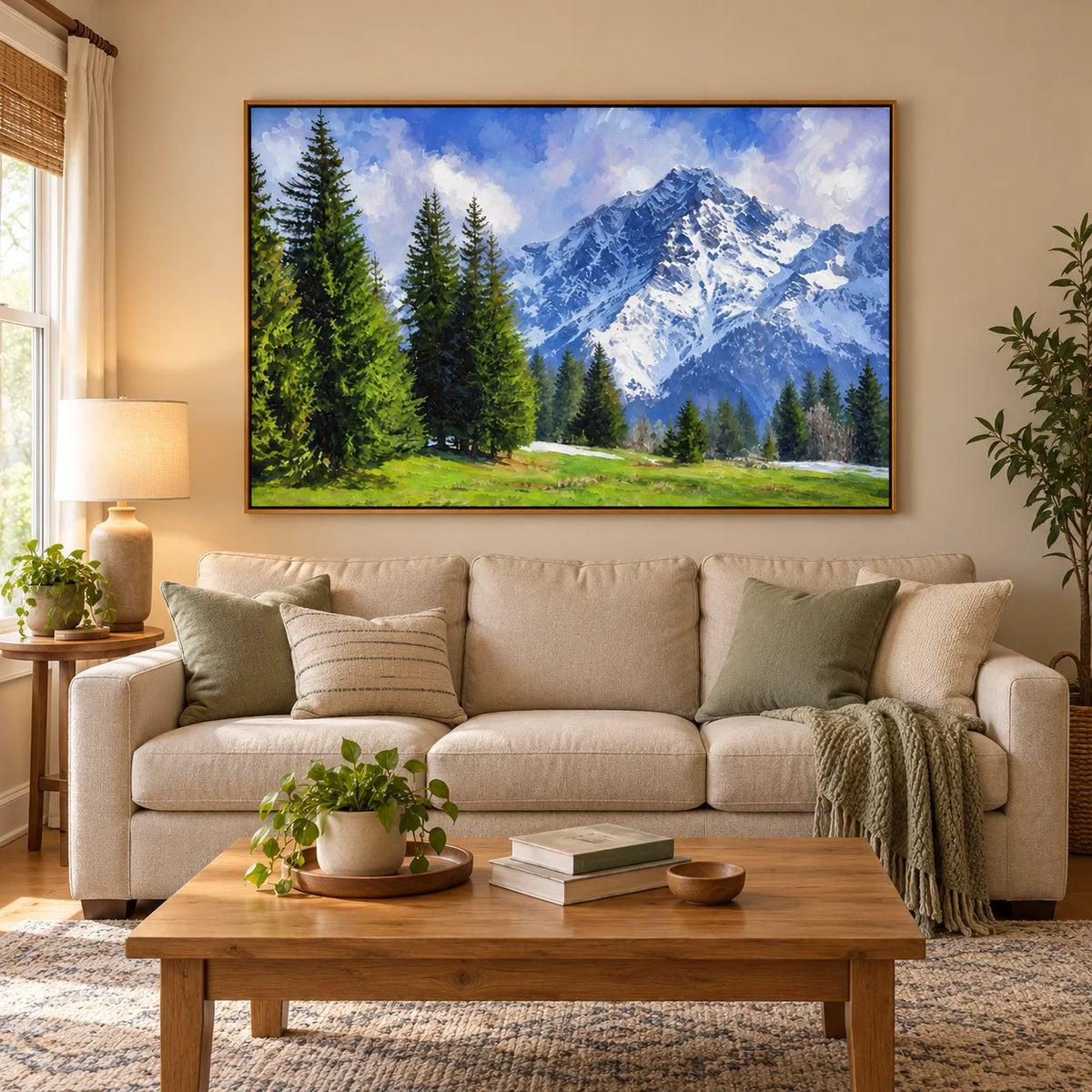 Ownanart Hand-Painted Snow Mountain Landscape Oil Painting – Evergreen Pine Forest and Sunlit Alpine Meadow Wall Art for Living Room