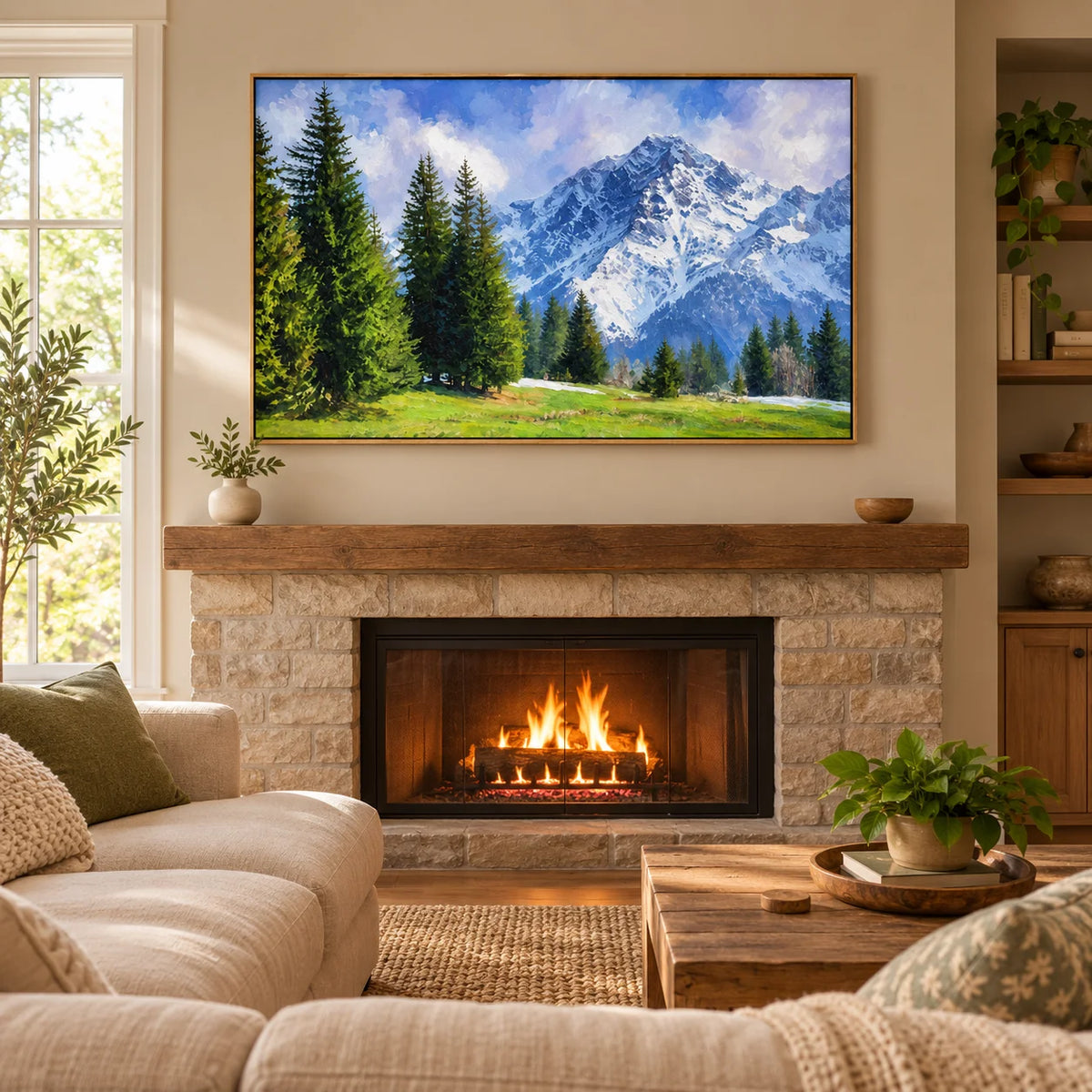 Ownanart Hand-Painted Snow Mountain Landscape Oil Painting – Evergreen Pine Forest and Sunlit Alpine Meadow Wall Art for Living Room
