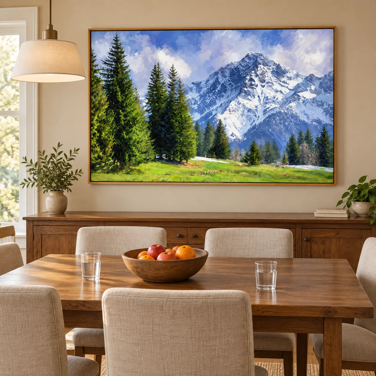 Ownanart Hand-Painted Snow Mountain Landscape Oil Painting – Evergreen Pine Forest and Sunlit Alpine Meadow Wall Art for Living Room