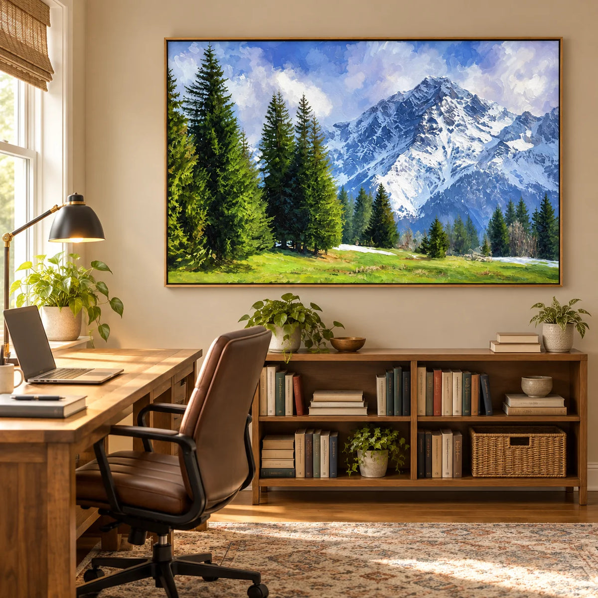 Ownanart Hand-Painted Snow Mountain Landscape Oil Painting – Evergreen Pine Forest and Sunlit Alpine Meadow Wall Art for Living Room