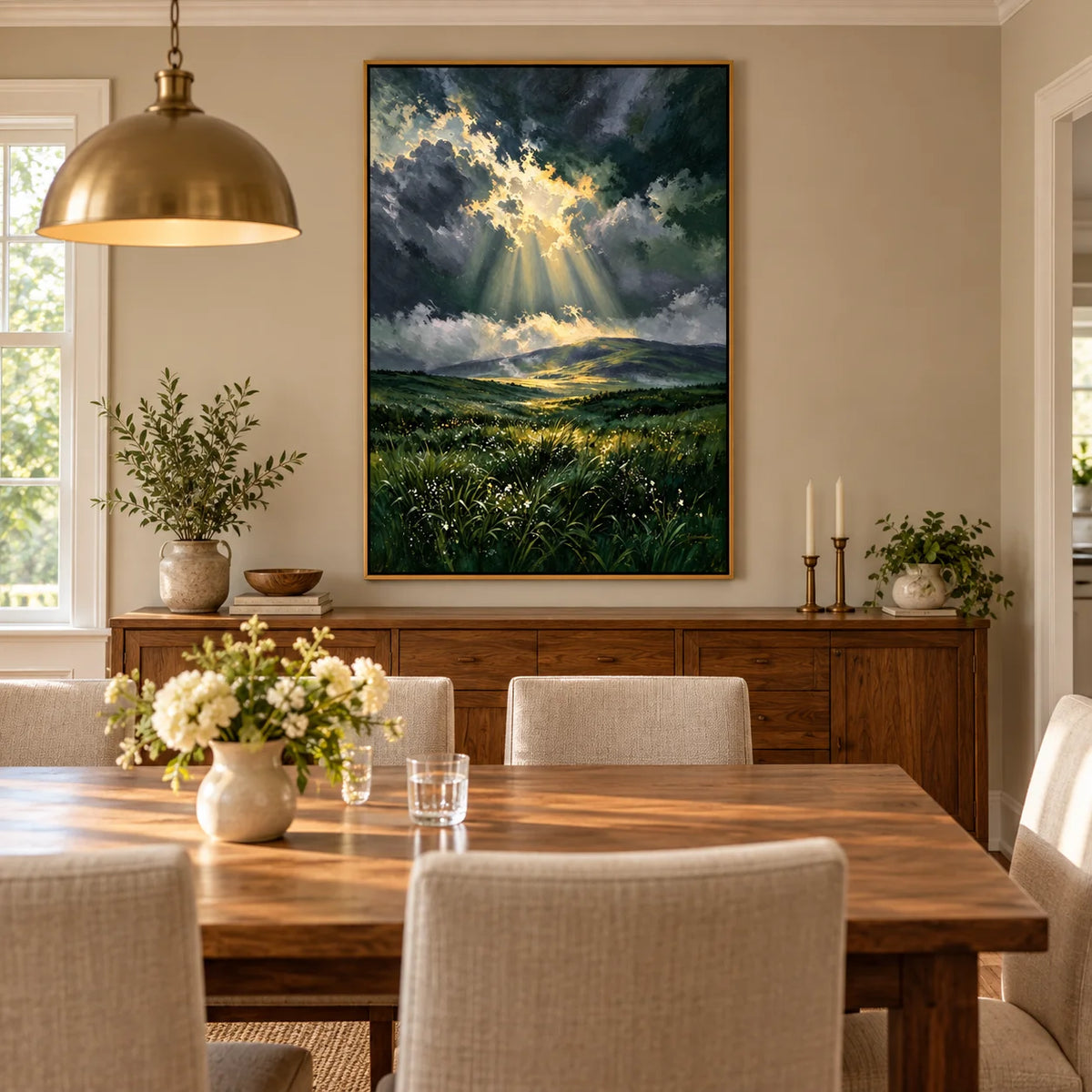 Ownanart Hand-Painted Stormy Sky and Sunlit Valley Oil Painting | Green Meadow Landscape Wall Art
