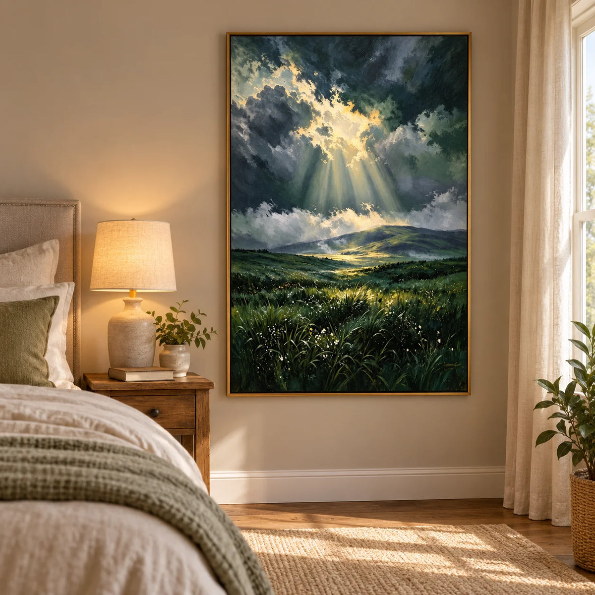 Ownanart Hand-Painted Stormy Sky and Sunlit Valley Oil Painting | Green Meadow Landscape Wall Art