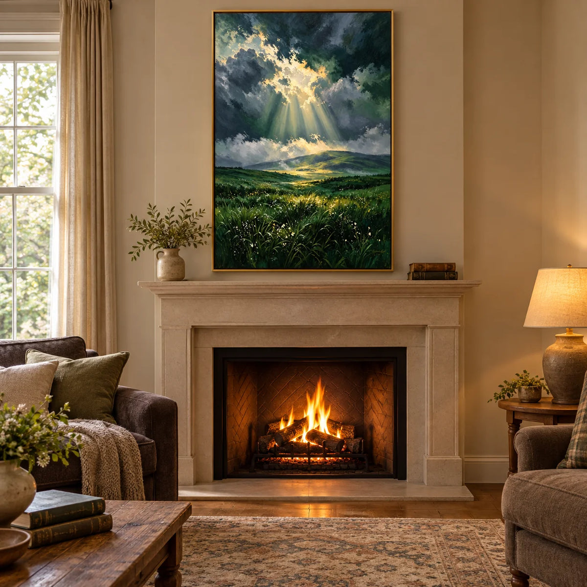 Ownanart Hand-Painted Stormy Sky and Sunlit Valley Oil Painting | Green Meadow Landscape Wall Art