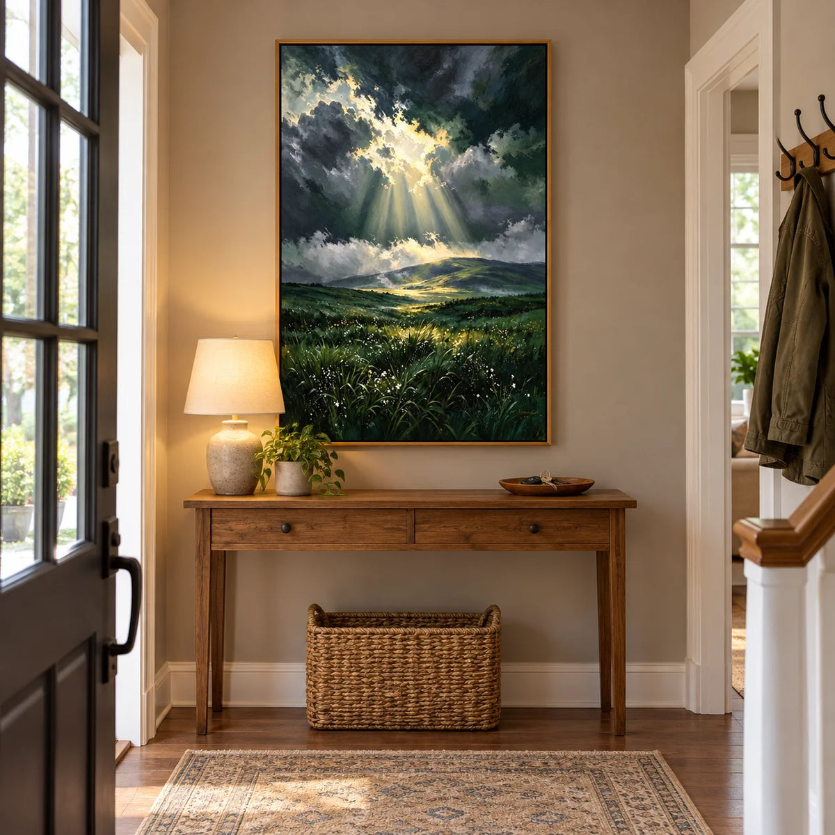 Ownanart Hand-Painted Stormy Sky and Sunlit Valley Oil Painting | Green Meadow Landscape Wall Art