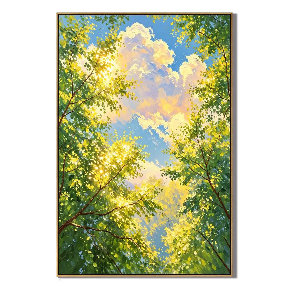 Ownanart Hand-Painted Sunlit Forest Canopy Oil Painting – Green Tree Leaves, Blue Sky and Clouds Vertical Nature Wall Art