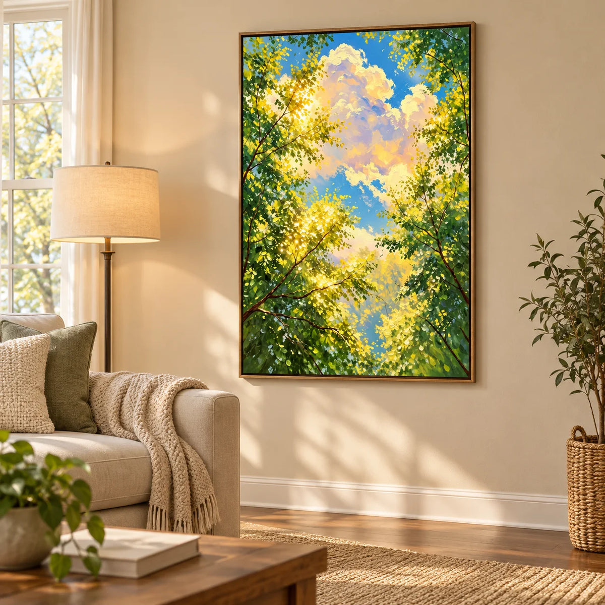 Ownanart Hand-Painted Sunlit Forest Canopy Oil Painting – Green Tree Leaves, Blue Sky and Clouds Vertical Nature Wall Art