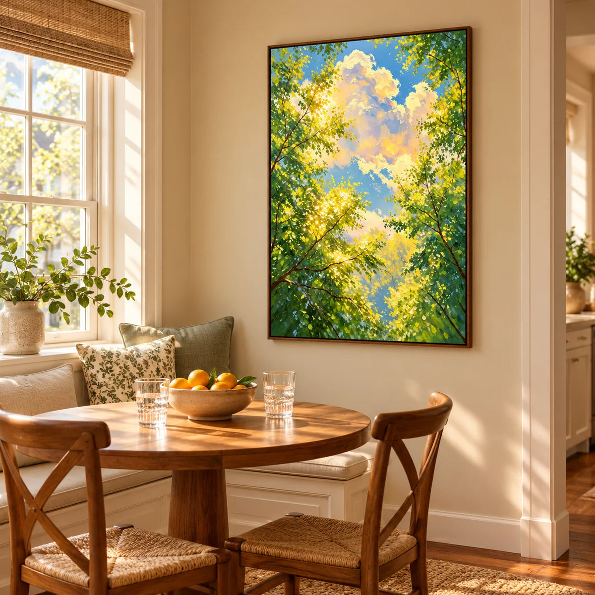 Ownanart Hand-Painted Sunlit Forest Canopy Oil Painting – Green Tree Leaves, Blue Sky and Clouds Vertical Nature Wall Art