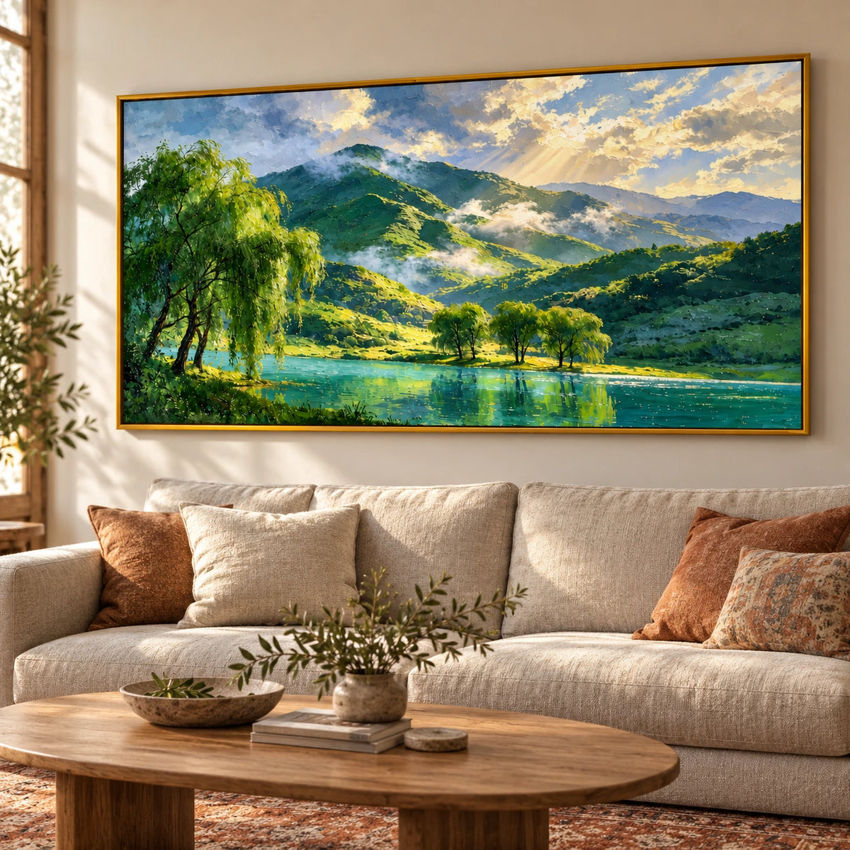 Ownanart Hand-Painted Sunlit Green Mountains and Turquoise Lake Oil Painting – Willow Trees and Golden Sunbeams, Panoramic Landscape Canvas Wall Art for Living Room Bedroom and Office #OA 1598