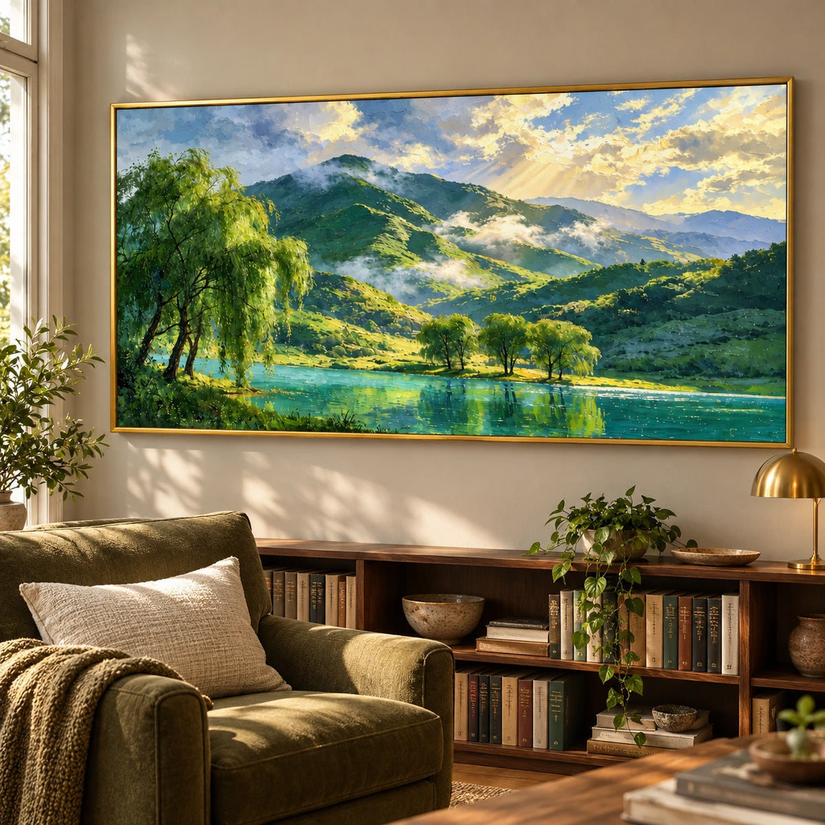 Ownanart Hand-Painted Sunlit Green Mountains and Turquoise Lake Oil Painting – Willow Trees and Golden Sunbeams, Panoramic Landscape Canvas Wall Art for Living Room Bedroom and Office #OA 1598