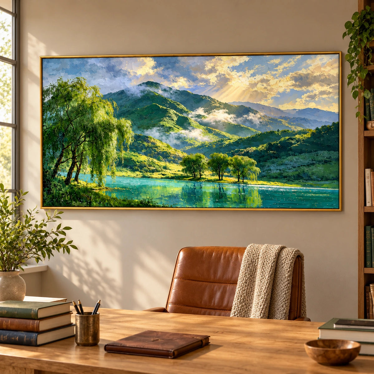 Ownanart Hand-Painted Sunlit Green Mountains and Turquoise Lake Oil Painting – Willow Trees and Golden Sunbeams, Panoramic Landscape Canvas Wall Art for Living Room Bedroom and Office #OA 1598