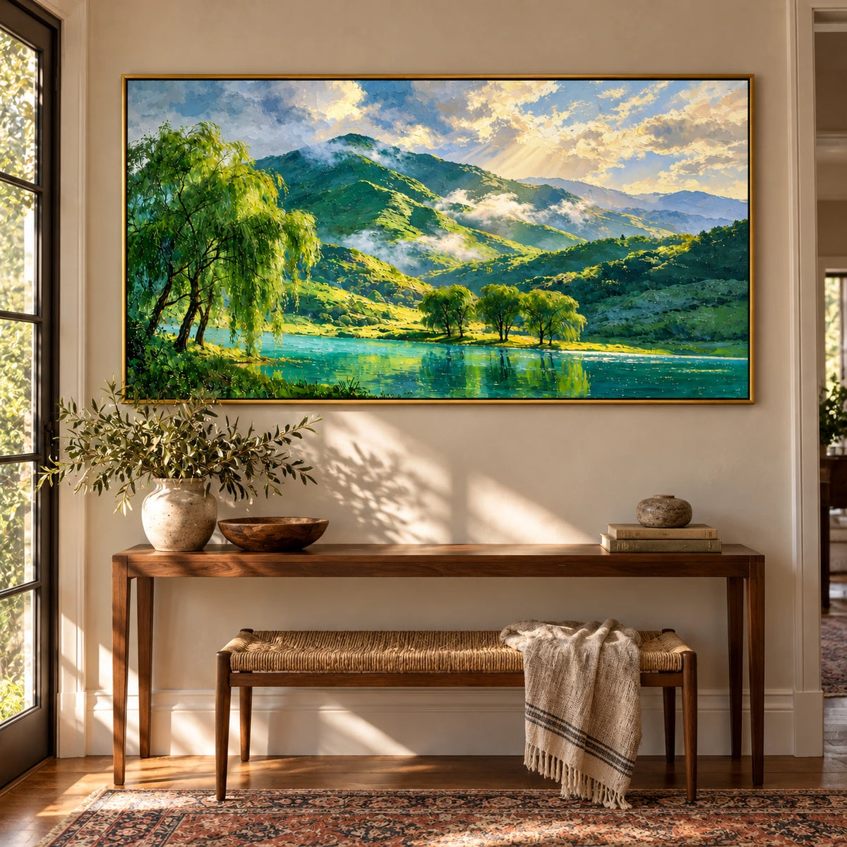 Ownanart Hand-Painted Sunlit Green Mountains and Turquoise Lake Oil Painting – Willow Trees and Golden Sunbeams, Panoramic Landscape Canvas Wall Art for Living Room Bedroom and Office #OA 1598