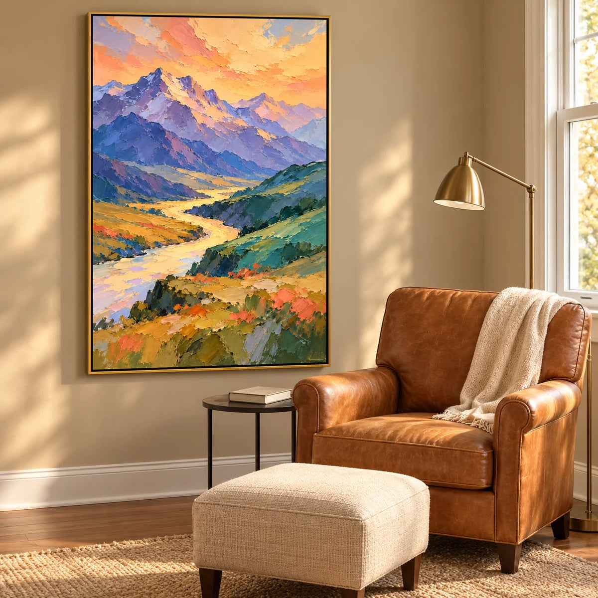 Ownanart Hand-Painted Sunset Mountain Landscape Oil Painting – Purple Peaks, Golden River & Textured Impasto, Vertical Nature Wall Art