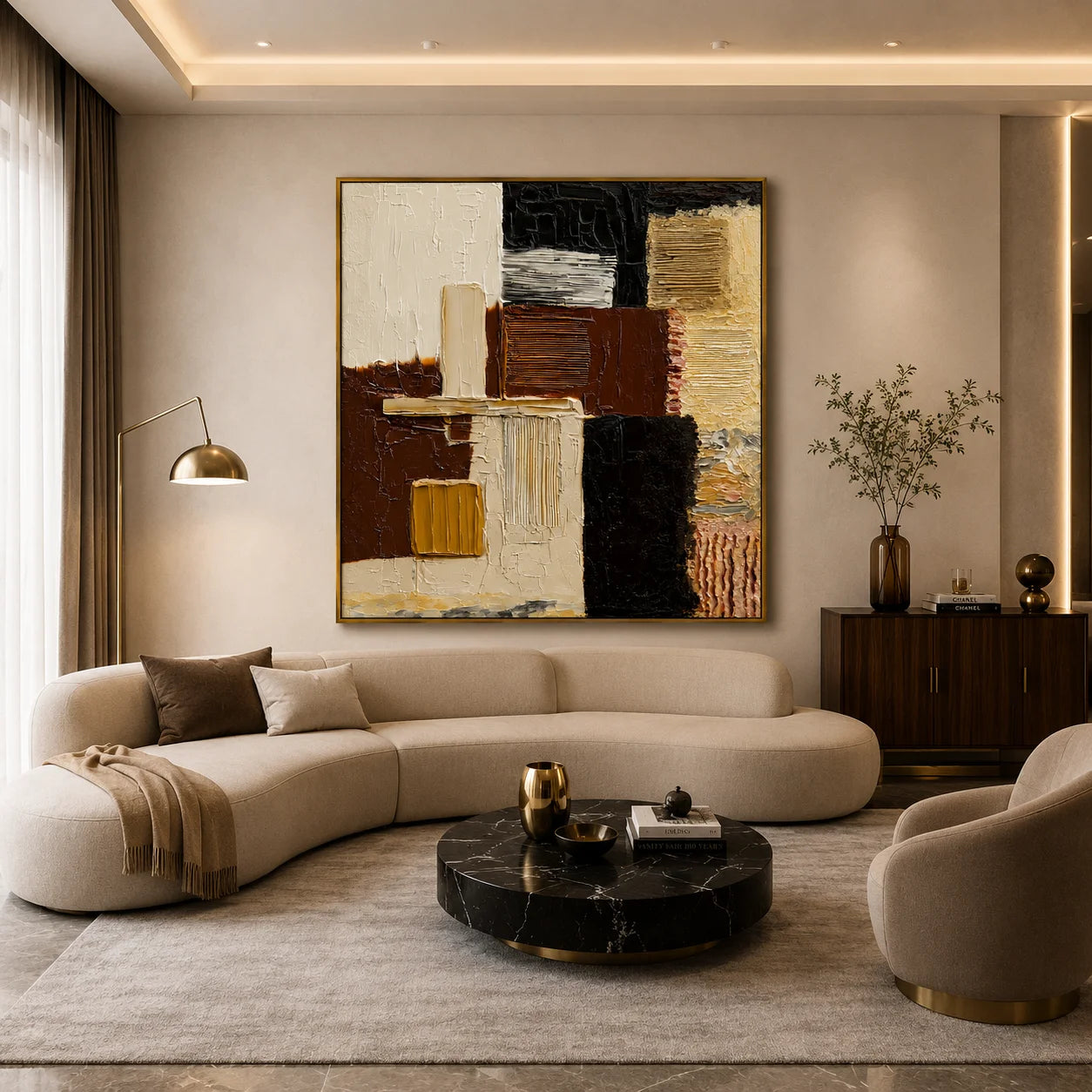 Hand-Painted Textured Abstract Oil Painting – Black, Brown and Neutral Geometric Wall Art for Modern Interiors#OA 0977