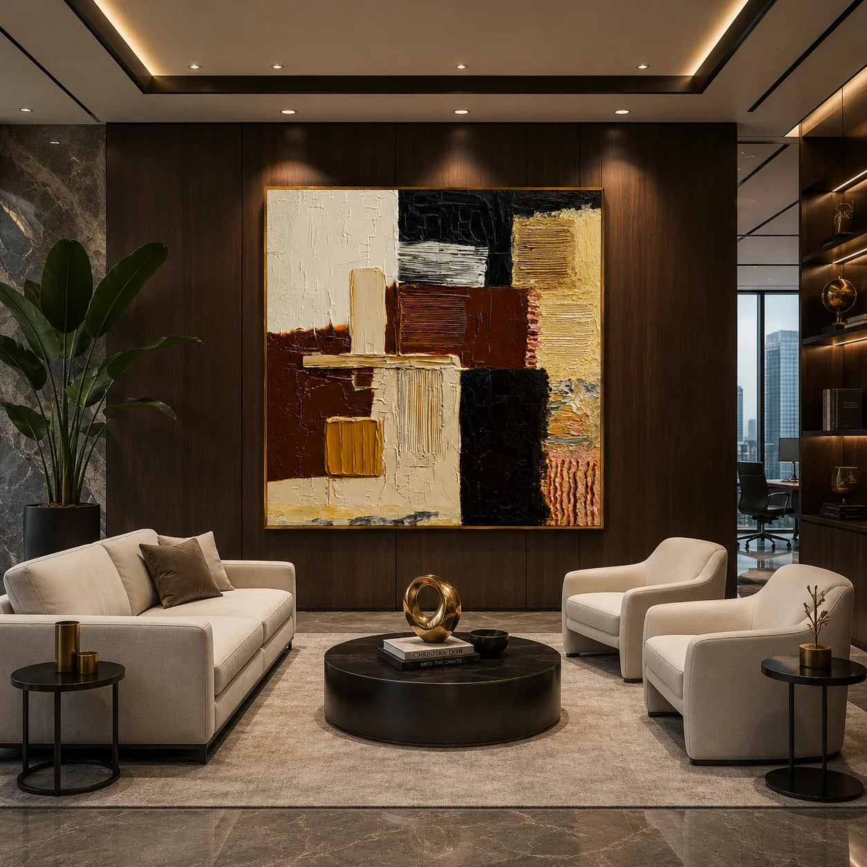 Hand-Painted Textured Abstract Oil Painting – Black, Brown and Neutral Geometric Wall Art for Modern Interiors#OA 0977